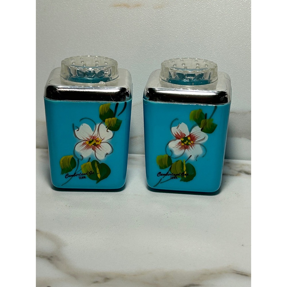 Vintage Cumberland Gap Tennessee Souvenir Salt & Pepper Shakers Turquoise Flower